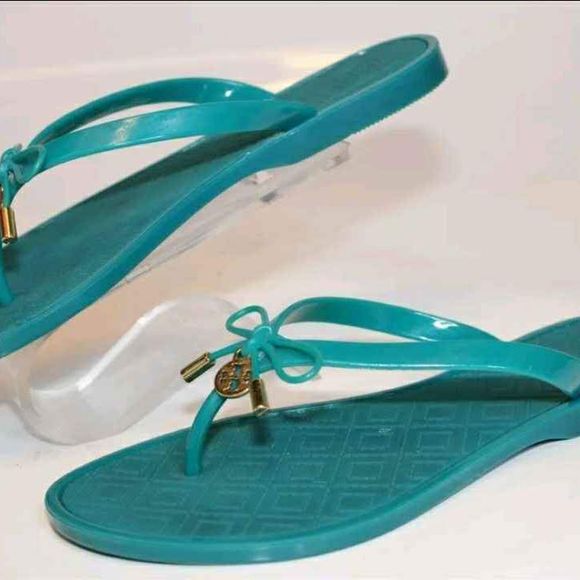 Tory Burch Designer Womens Teal Blue Jelly Bow Thongs Flip Flops Sandals Size 7 - Picture 1 of 10